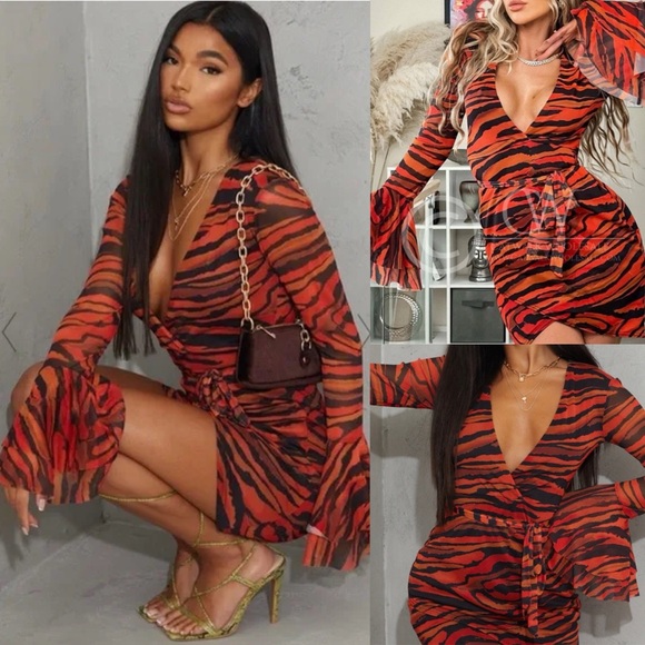 PrettyLittleThing Tiger Print Dress Bell Sleeves Flair at Wrists 
Size 8 US nwt - Picture 1 of 12
